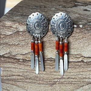 Vintage Sterling Silver Coral Concho Post Dangle Earrings